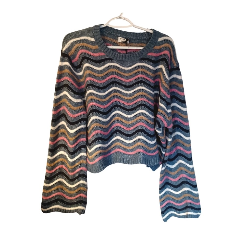 NWT Love Knits Y2K Indie Women XL Blue Multicolor Pullover Crop Scandi Sweater